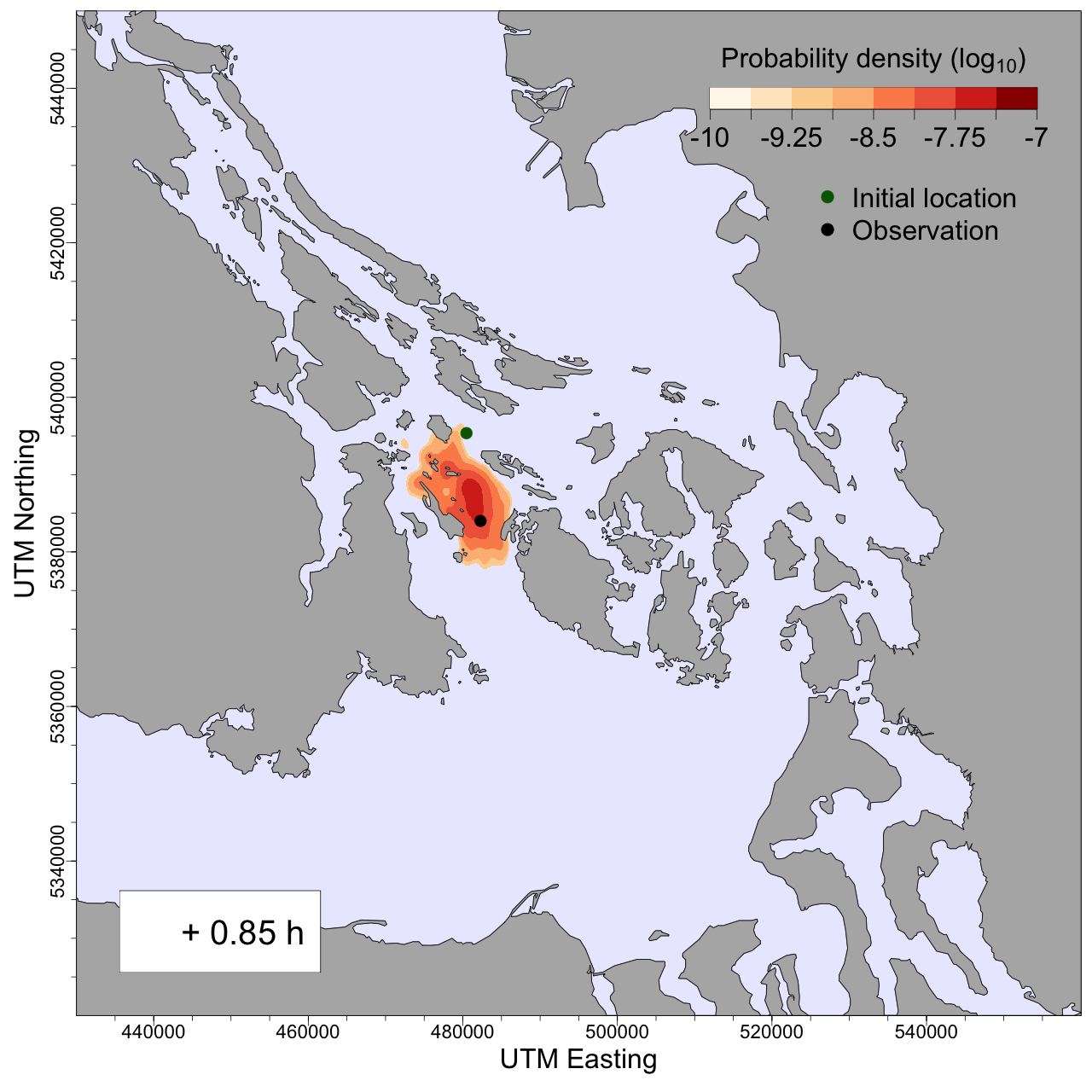This image showcases a kernel density estimate of whale locations, integrating initial sightings to forecast their future positions and infer their present locations.